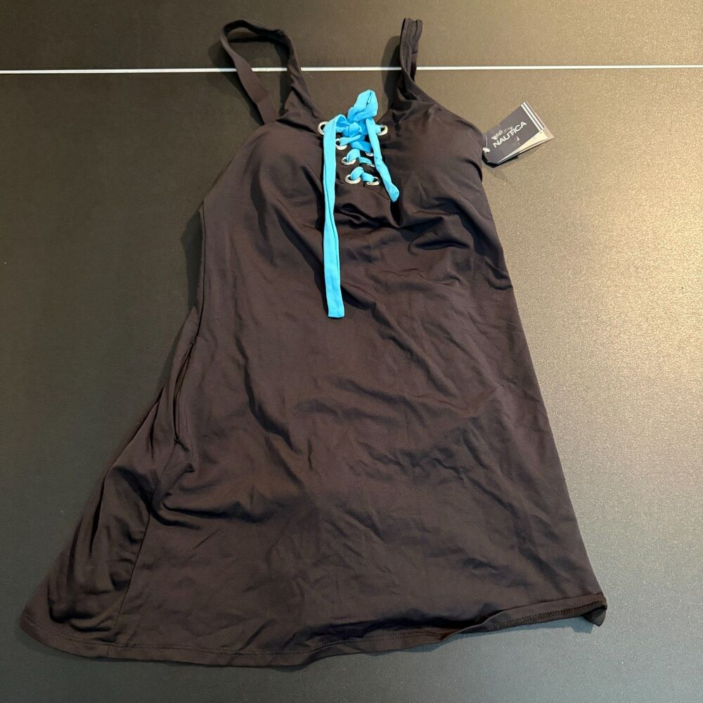 Nautica NWT Lace-Up Front Swim Dress One-Piece Swimsuit Black Teal Blue M